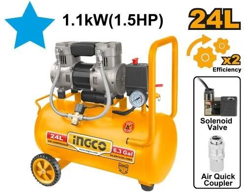 INGCO ACS111242 1100W 1.5HP Oil-Free Air Compressor | 24L 6.3Gal Tank | 8 Bar Max Pressure | 67dB Low Noise | 2850 RPM | Portable Compressor