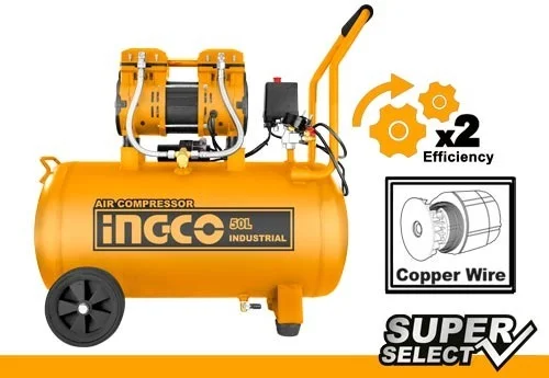 INGCO ACS112501 1200W 1.6HP Oil-Free Air Compressor | 50L 13.2Gal Tank | 8 Bar Max Pressure | Copper Wire Motor | 2850 RPM | Workshop Compressor