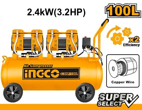 INGCO ACS2241001 2x1200W 3.2HP Oil-Free Air Compressor | 100L 26.4Gal Tank | 8 Bar Max Pressure | Dual Copper Wire Motors | 2850 RPM | Industrial Compressor