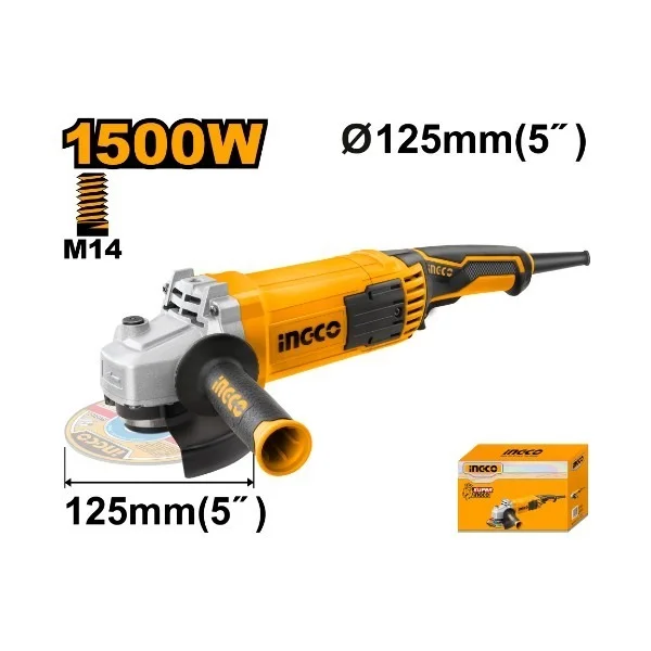 INGCO AG150018 1500W Angle Grinder | 11000 RPM | 125mm Disc | M14 Spindle Thread | Auxiliary Handle | Extra Carbon Brushes