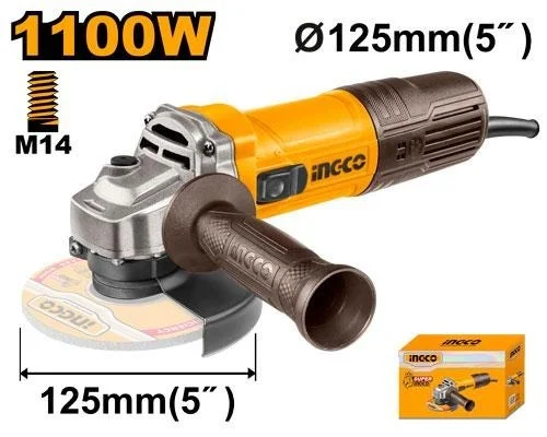 INGCO AG110028 1100W Angle Grinder | 12000 RPM | 125mm Disc | M14 Spindle Thread | Auxiliary Handle | Heavy Duty Electric Grinder