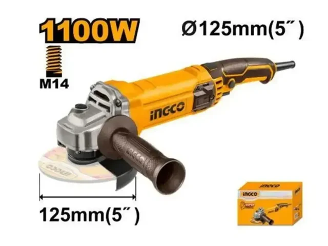 INGCO AG110038 1100W Angle Grinder | 12000 RPM | 125mm Disc | M14 Spindle Thread | Auxiliary Handle | Heavy Duty Electric Grinder