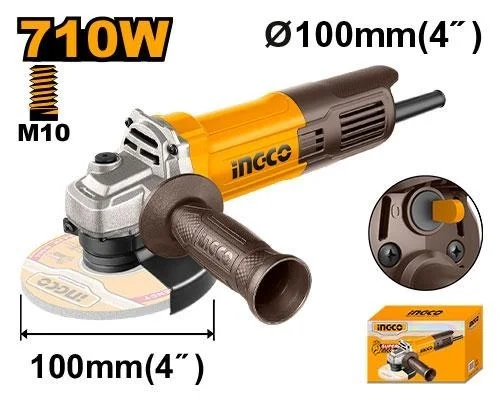 INGCO AG71182 710W Angle Grinder | 12000 RPM | 100mm Disc | M10 Spindle Thread | Auxiliary Handle | Compact Electric Grinder