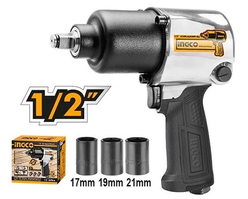 INGCO AIW12562 1/2 Inch Pneumatic Impact Wrench | 610Nm Max Torque | 7000 RPM | Twin Hammer Mechanism | 3-Piece Socket Set | Air Impact Gun