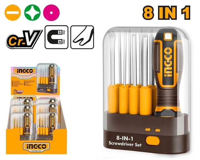 INGCO AKISD0901 9-Piece Interchangeable Screwdriver Set | CR-V | Phillips, Slotted, Tack Remover & Scratch Awl