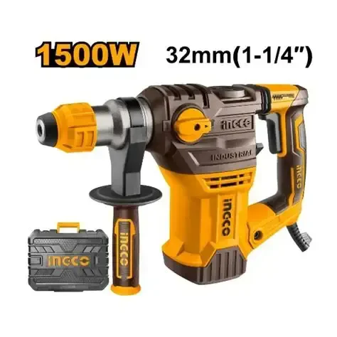 INGCO RH150028 1500W SDS Plus Rotary Hammer Drill | 850 RPM | 4400 BPM | 5.5J Impact Energy | 32mm Concrete Capacity | Anti-Vibration | 3 Drills & 2 Chisels