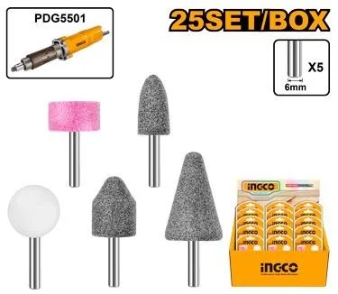 INGCO AKB0502 Die Grinder Accessory Set | 5-Piece 6mm Shank Grinding Bits | Cylindrical, Bullet, Cone, T-Type & Round | Compatible with PDG5501