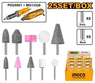 INGCO AKB1001 5-Piece Die Grinder Burr Set | 6mm Shank Grinding Bits | Cylindrical, Bullet, Cone, T-Type & Round | Compatible with PDG4003 & PDG5501