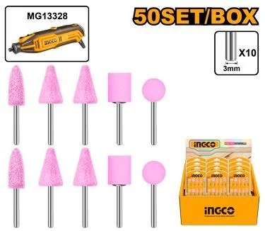 INGCO AKB1012 Mini Grinder Accessory Set | 10-Piece 3mm Shank Grinding Bits | Bullet, Cone, T-Type & Round Shapes | Compatible with MG13328, MG2008 & CMGLI2001