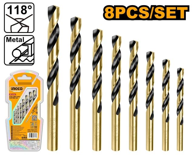 INGCO AKDB0801 8-Piece HSS Twist Drill Bit Set | 2-8mm | 49-117mm Length | Rolling Twist Drill Bits