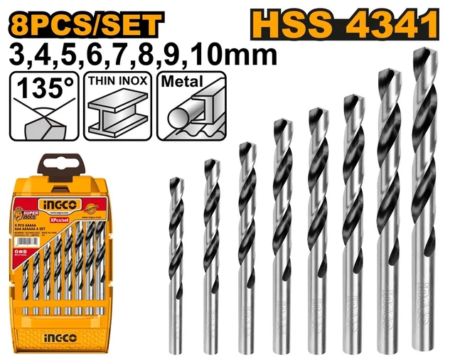 INGCO AKDB1088 8-Piece HSS 4341 Twist Drill Bit Set | 3-10mm | Metric Drill Bits | Plastic Storage Box