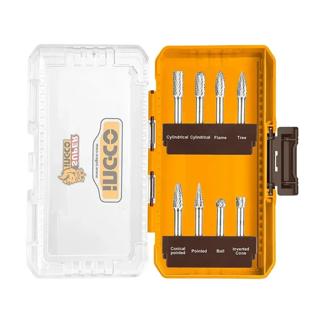 INGCO AKDL10801 8-Piece Tungsten Carbide Rotary Burr Set | 6mm Shank | Double Cut | Metal Grinding & Deburring