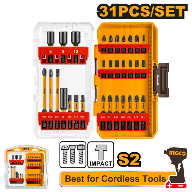 INGCO AKDL11306 31-Piece Impact Screwdriver Bit Set | 25mm & 50mm Bits | PH, PZ, SL & T20-T30 | Magnetic Nut Drivers