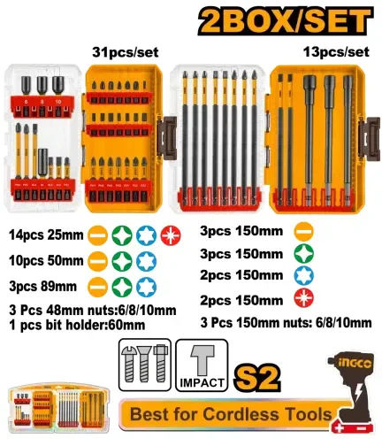 INGCO AKDL24408 Impact Screwdriver Bit Set | 25mm 50mm 89mm 150mm Bits | PH PZ SL T Profiles | 2-Box Set