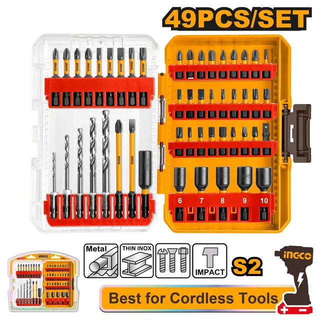 INGCO AKDL24906 49-Piece Impact Screwdriver Bit Set | 25mm & 50mm Bits | PH, PZ, SL, Hex, Torx & S Bits