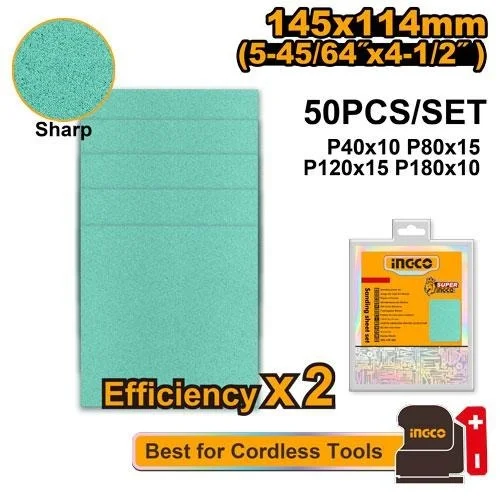 INGCO AKFS145115 145x114mm Sandpaper Set | 50-Piece Assorted Grit | P40 P80 P120 P180 | Wood, Metal, Paint & More