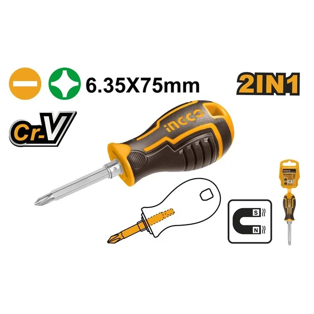 INGCO INGCO AKISD0202 2-in-1 Screwdriver | PH2 & SL6 | 6.35x75mm CR-V Shank | Interchangeable Handle