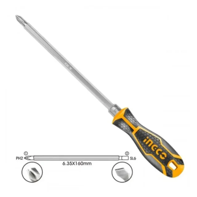 INGCO AKISD0201 2-in-1 Screwdriver | PH2 & SL6 | 6.35x160mm CR-V Shank | Interchangeable Handle