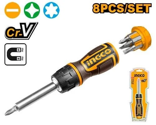 INGCO AKISD0808 8-Piece Ratchet Screwdriver Set | 7 Bits | SL, PH, T15 & T20 | High Quality Ratchet Handle