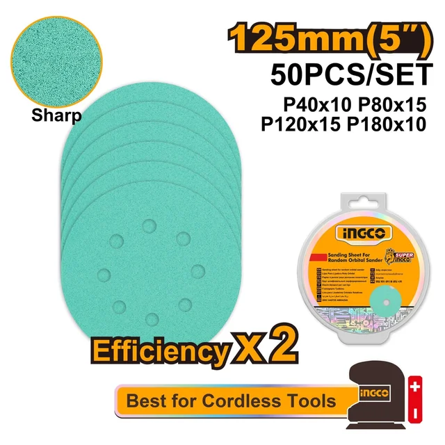 INGCO AKRS125050 125mm Sandpaper Set | 50-Piece Assorted Grit Sanding Discs | P40 P80 P120 P180 | For Wood, Wall, Paint, Plastic, Stone, Metal & Glass