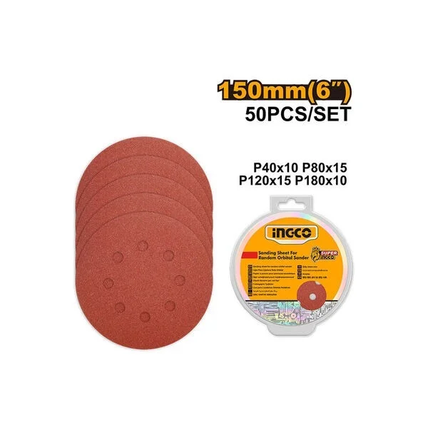 INGCO AKRS1500511 150mm Sanding Discs | 50-Piece Random Orbital Sander Sandpaper Set | P40-P180 Grit