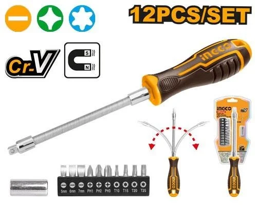 INGCO AKSDFL1208 12-Piece Flexible Shaft Screwdriver Set | 10 Bits | SL, PH & Torx | Flexible Screwdriver Handle