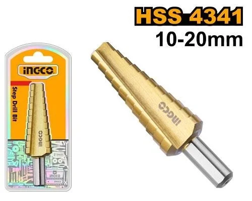 INGCO AKSDS102033 HSS 4341 Step Drill Bit 10-20mm | Titanium Finish | Multi-Size Round Shank Drill Bit