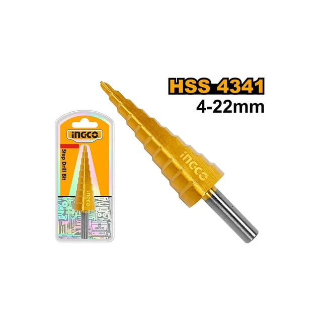 INGCO AKSDS42203 HSS 4341 Step Drill Bit 4-22mm | Titanium Finish | Multi-Step Round Shank Drill Bit