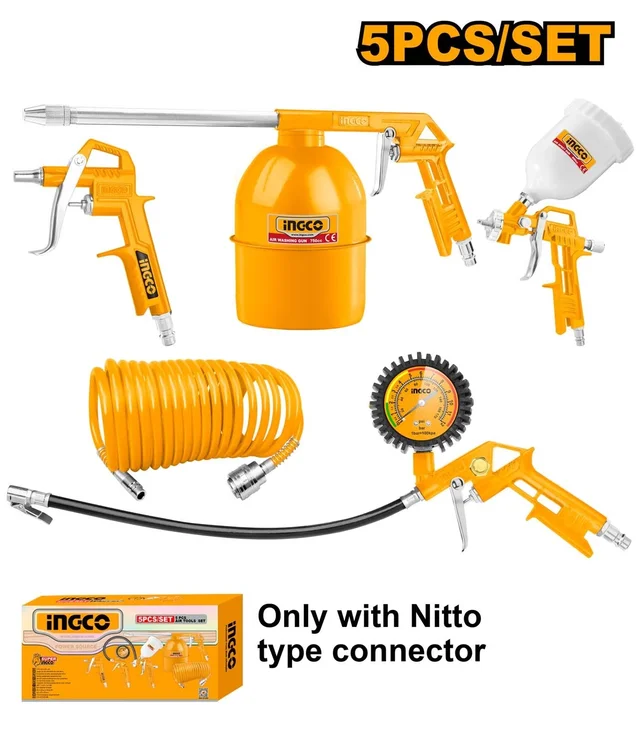 INGCO AKT0053-3 5-Piece Air Tools Set | 4m Recoil Air Hose | Air Blow Gun | Air Spray Gun | Air Washing Gun | Nitto Type Connector