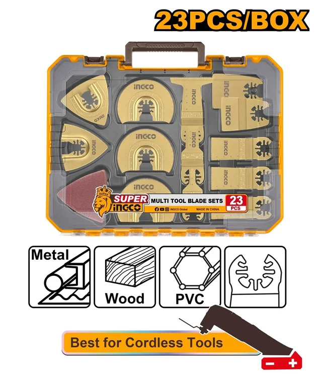 INGCO AKTMT2301 23-Piece Oscillating Multi-Tool Accessory Set | 80mm Sandpaper, Delta Sanding Pad, Carbide Grout Removal Blades & Bi-Metal Saw Blade