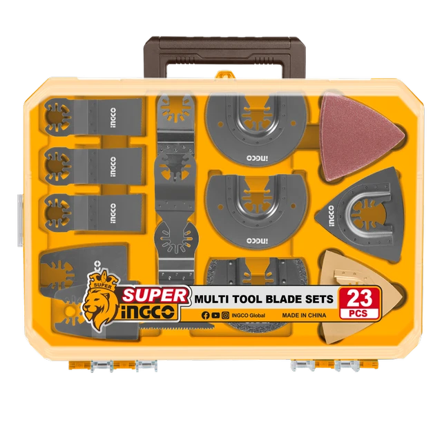 INGCO AKTMT2301 23-Piece Oscillating Multi-Tool Accessory Set | 80mm Sandpaper, Delta Sanding Pad, Carbide Grout Removal Blades & Bi-Metal Saw Blade