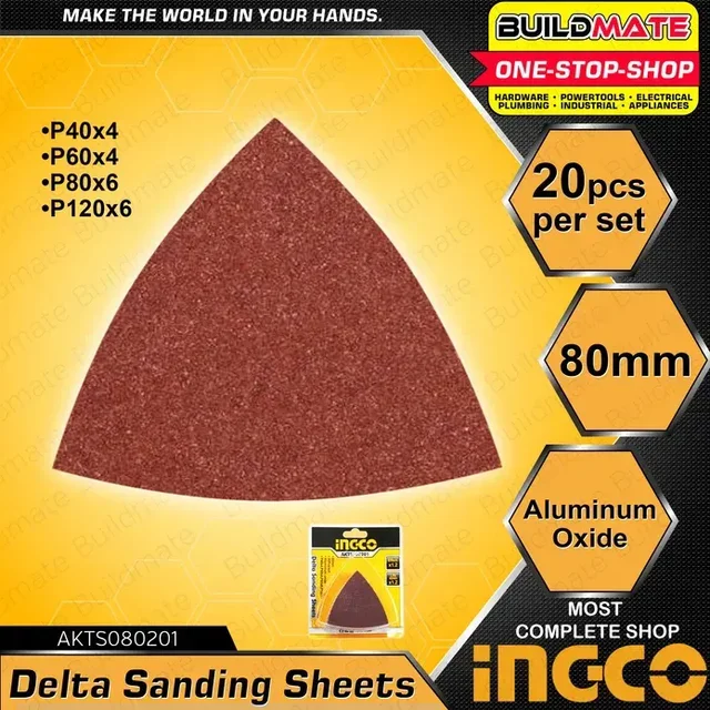 INGCO AKTS080201 20-Piece 80mm Delta Sandpaper Set | Aluminium Oxide | P40-P120 | CMLI2001 & MF3008 Compatible