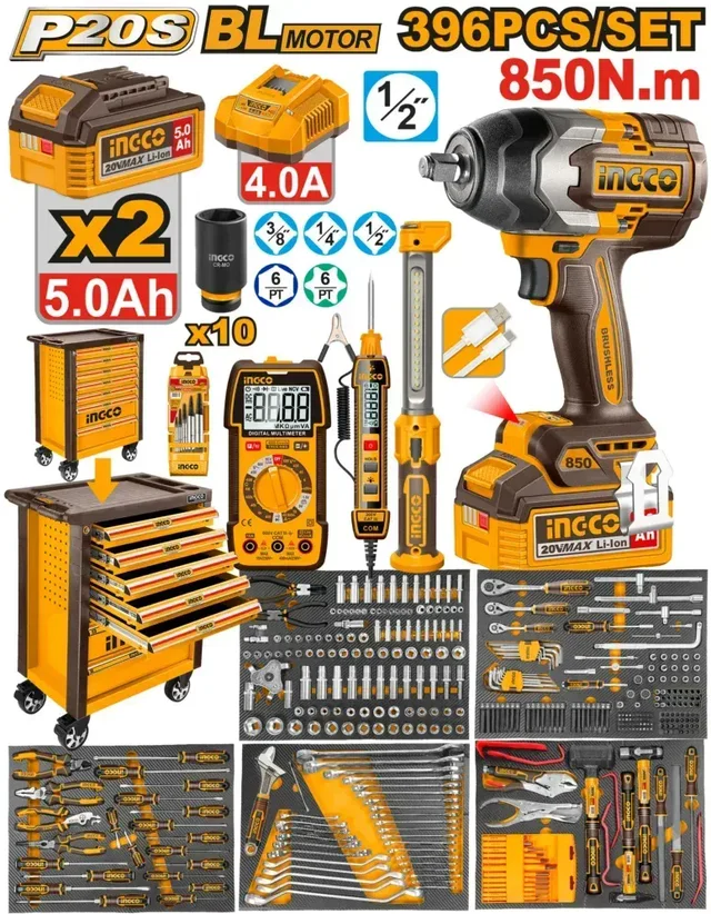 INGCO HTCS283962 396-Piece Chest Tool Set | 20V Brushless Cordless Impact Wrench CIWLI20851 | 850Nm Torque | 1/2" Drive Lithium-Ion Power Tool Kit