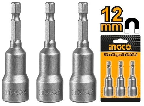 INGCO AMN1231 12mm Impact Magnetic Nut Setter Set | 3-Piece | 1/4" Hex Shank | 65mm | Strong Magnet
