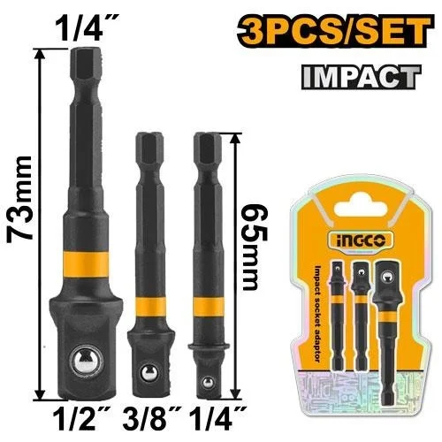 INGCO AMN365A01 3-Piece Impact Socket Adapter Set | 1/4" 3/8" 1/2" | 1/4" Hex Shank | 50BV30 Steel