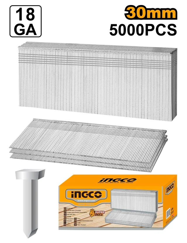 INGCO ANA18301 30mm Brad Nails 5000-Piece Box | Ga18 | 1.25x1.0mm | Pneumatic & Cordless Nailer Compatible
