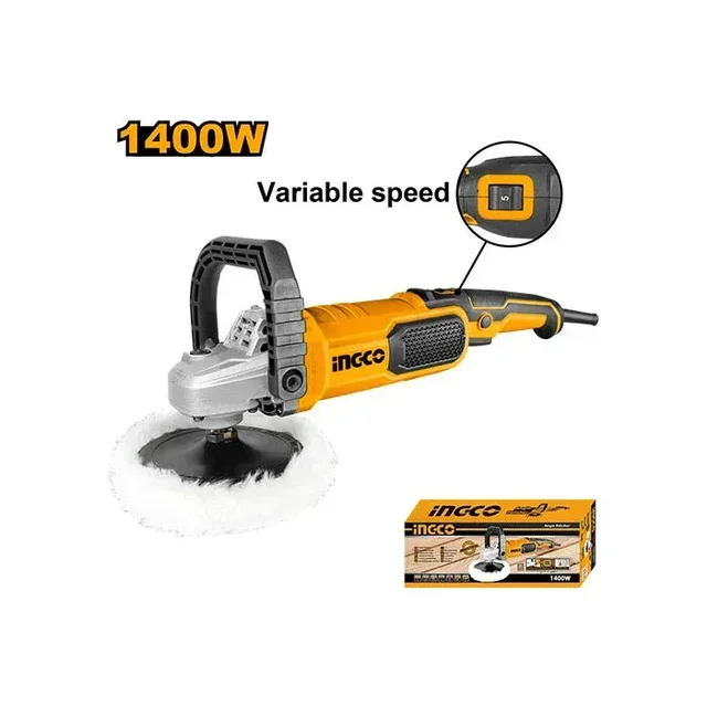 INGCO AP140016 1400W Electric Polisher | 1500-3600 RPM Variable Speed | 180mm Polishing Pad | M14 Spindle | D-Handle | Aluminum Gear Box