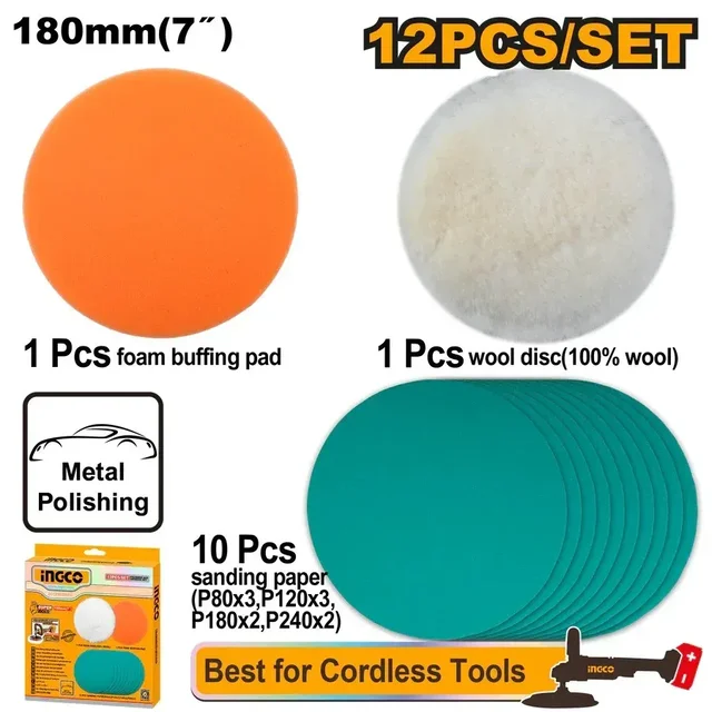 INGCO APG18012 12-Piece 180mm 7" Polishing & Grinding Set | Wool Disc, Foam Pad & Sanding Papers