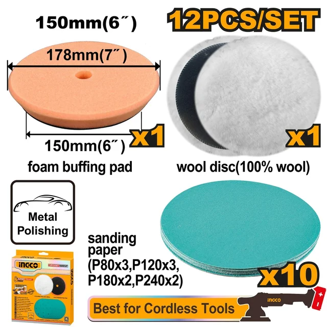 INGCO APG15012 12-Piece 150mm 6" Polishing & Grinding Set | Wool Disc, Foam Pad & Sanding Papers