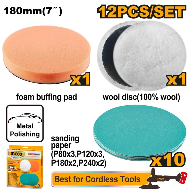 INGCO APG18012 12-Piece 180mm 7" Polishing & Grinding Set | Wool Disc, Foam Pad & Sanding Papers