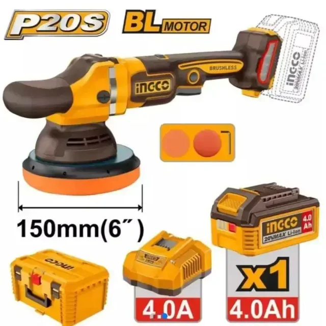 INGCO APLI20158 20V Brushless Cordless Polisher | 2000-4500 RPM Variable Speed | 150mm Polishing Pad | 4.0Ah Battery & Charger | Carrying Case