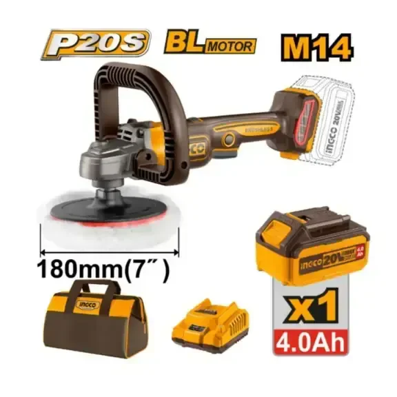 INGCO APLI20188 20V Cordless Polisher | 400-2500 RPM Variable Speed | 180mm Polishing Pad | M14 Spindle | D-Handle | Wool Polishing Bonnets