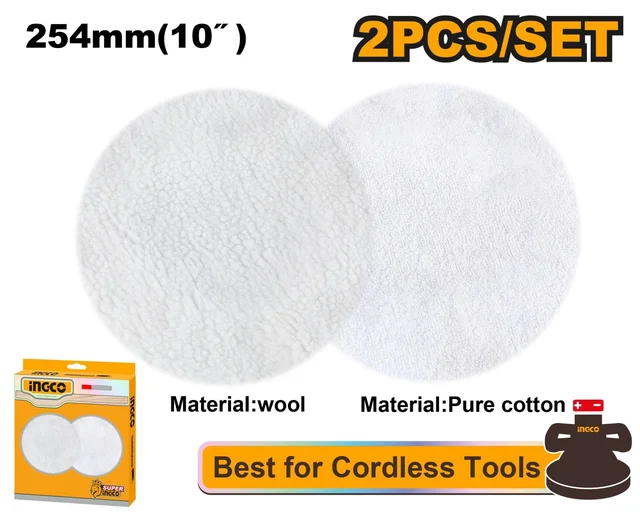 INGCO APP25402 2-Piece 254mm 10" Polishing & Cleaning Set | Pure Wool & Cotton | Compatible with COPL12001