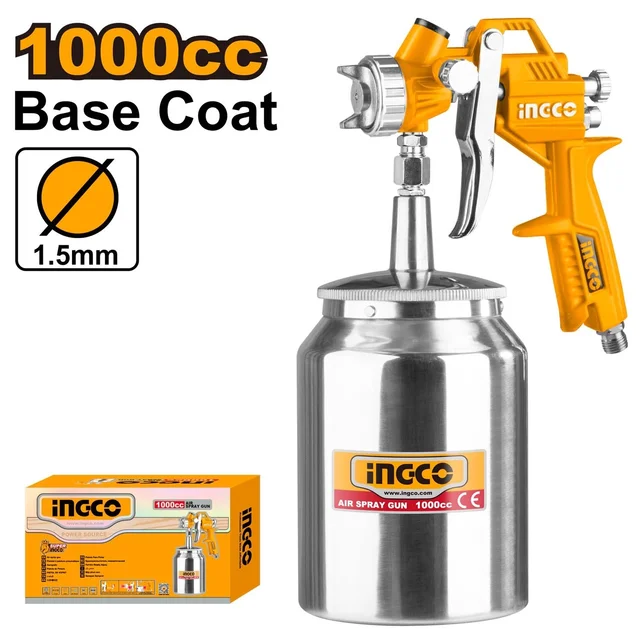 INGCO ASG3101 Air Spray Paint Gun | 1000cc Paint Capacity | 140-180mm Spray Pattern | 1.2-1.8mm Optional Nozzle | 3-4 Bar Pressure | Base Coat Spray Gun