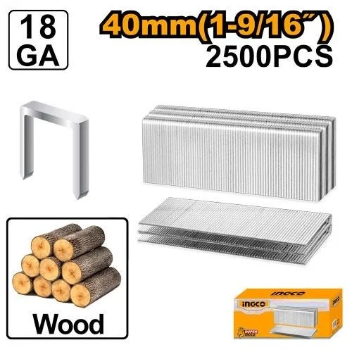 INGCO AST18401 40mm Staples 2500-Piece Box | Ga18 | 5.7mm Crown | 1.25x1.0mm | ACN50401 & CCSNLI Compatible