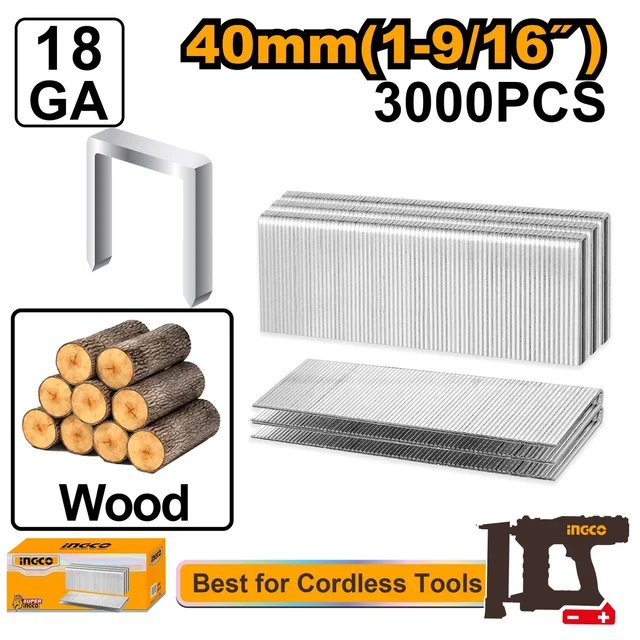INGCO AST18403 3000PCS 40mm Staples | 5.7mm Crown GA18 Staples | 1.25 x 1.0mm | Compatible with CCSNL16005 & CCSNL16008