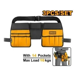 INGCO HTBP02031 Tool Belt Set | 3-Piece Tool Pouch | 14 Pockets | 2 Hammer Holders | Adjustable 92-127cm Belt | 10kg Max Load | 600D Polyester