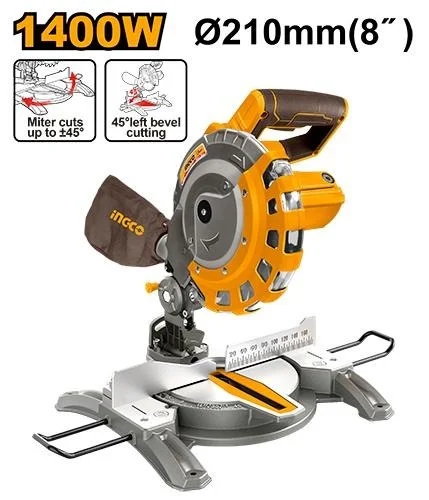 INGCO BMS14007 1400W Sliding Compound Mitre Saw | 210mm Blade | 5000 RPM | 60 x 120mm Max Cutting Capacity | 0-45� Mitre & Bevel Cuts
