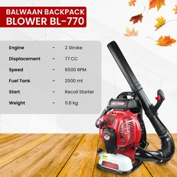 Balwaan Krishi Balwaan BL-770 Professional Backpack Petrol Blower 77cc 2 Stroke Engine, 27 m�/min Air Volume, 105 m/s Air Speed, 2500ml Fuel Tank with Tool Kit & User Manual - MTAK-EN-BL-6017