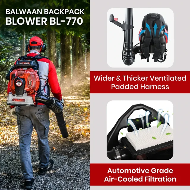 Balwaan Krishi Balwaan BL-770 Professional Backpack Petrol Blower 77cc 2 Stroke Engine, 27 m�/min Air Volume, 105 m/s Air Speed, 2500ml Fuel Tank with Tool Kit & User Manual - MTAK-EN-BL-6017